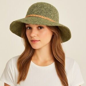 Collection Eighteen Green Textured Knit Wide Brim Floppy Hat Boho Summer‎ Casual